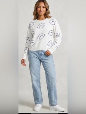 Ring Street White Crewneck Sweater with All-Over Purple Football Line Art